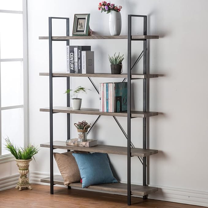 HSH 5-Shelf Vintage Industrial Rustic Bookshelf, 5 Tier Wood and Metal Bookcase, Open Etagere Book Shelf, Farmhouse Wooden Bookshelves, Light Grey Oak - LeafyLoom