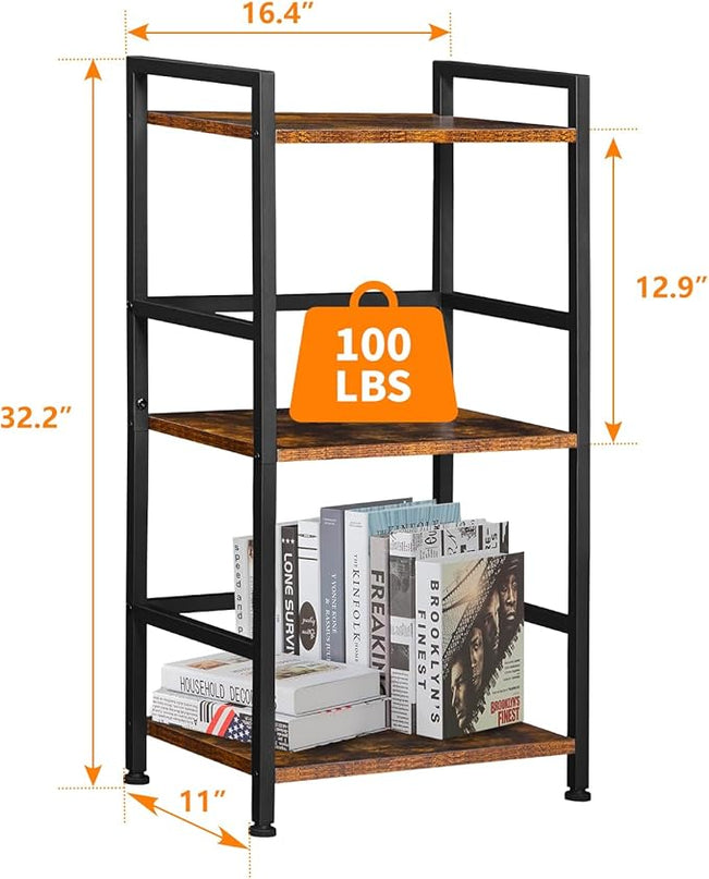 ELYKEN Small Bookshelf, 3-Tier Bookcase with Metal Frame, Vintage Display Book Shelf, Freestanding Open Organizer Shelves for Office Study Living Room, Bedroom, Rustic Brown - LeafyLoom