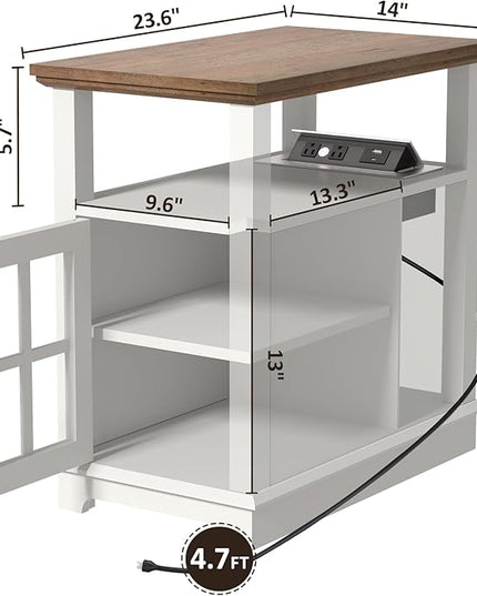 HIFYOBRO Narrow End Table with Flip Top Charging Station and Storage Cabinet, Type-C & USB port & Power outlets, Adjustable Shelf, White Side Table with Storage for Living Room and Bedroom - LeafyLoom