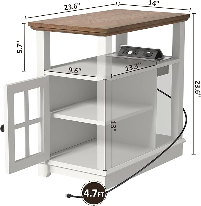 HIFYOBRO Narrow End Table with Flip Top Charging Station and Storage Cabinet, Type-C & USB port & Power outlets, Adjustable Shelf, White Side Table with Storage for Living Room and Bedroom - LeafyLoom