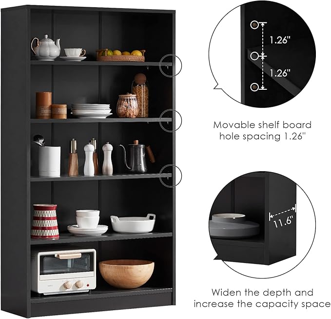 Farini Black Bookshelf for Bedroom 5 Shelf Office Bookcase 60 Inches Tall Modern Wood Bookshelf for Living Room 5 Tier Wide Manga Bookshelf Library Bookcase - LeafyLoom