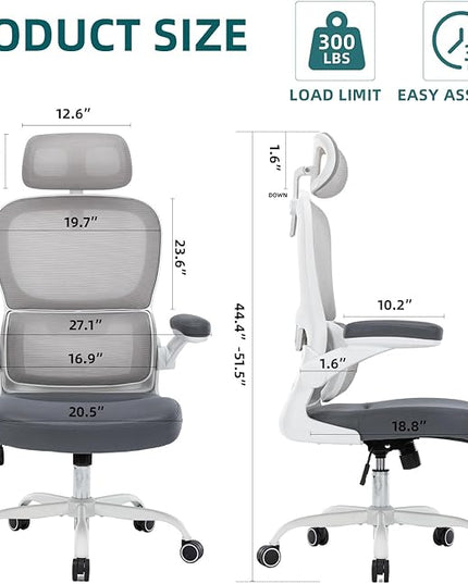 Home Office Chair High Back Computer Desk Chair Ergonomic Task Chair Executive Chair with Lumbar Support Recliner Chair with Adjustable Headrest,Flip-up Armrests (White/Gray with Meatl Base) - LeafyLoom