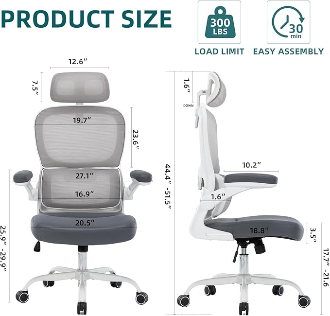 Home Office Chair High Back Computer Desk Chair Ergonomic Task Chair Executive Chair with Lumbar Support Recliner Chair with Adjustable Headrest,Flip-up Armrests (White/Gray with Meatl Base) - LeafyLoom