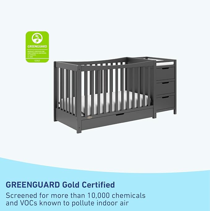 Graco Remi 4-in-1 Convertible Crib & Changer with Drawer (Gray) – GREENGUARD Gold Certified, Crib and Changing -Table Combo, Includes Changing Pad, Converts to Toddler Bed, Daybed and Full-Size Bed - LeafyLoom