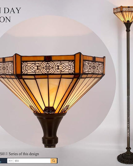 WERFACTORY Tiffany Floor Lamp Yellow Hexagon Stained Glass Mission Light 12X12X66 Inches Torchiere Standing Corner Torch Uplight Decor Bedroom Living Room Home Office S011 Series - LeafyLoom