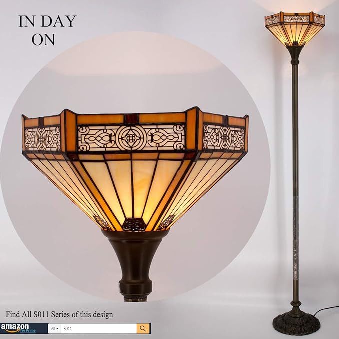 WERFACTORY Tiffany Floor Lamp Yellow Hexagon Stained Glass Mission Light 12X12X66 Inches Torchiere Standing Corner Torch Uplight Decor Bedroom Living Room Home Office S011 Series - LeafyLoom