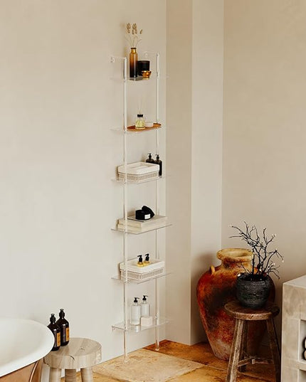 Small Acrylic Ladder Bookshelf, 9.5" D x 15.6" W, 6-Tier Clear Wall Mounted Book Shelf for Small Spaces, Multipurpose Bookcase for Living Room, Bathroom, Office, Modern, 86" H - LeafyLoom