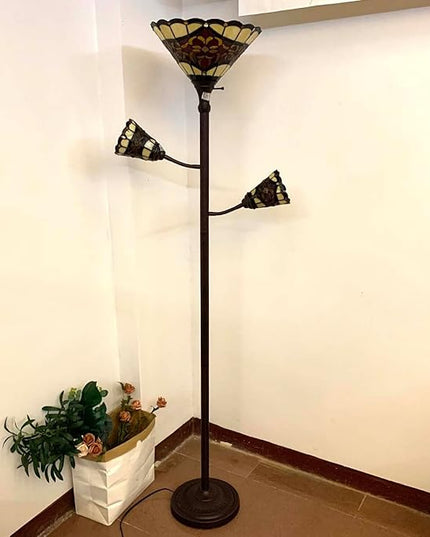 Bieye L10868 Tiffany Style Stained Glass 3-Light Torchiere Floor Lamp with Sidelights for Reading, 70-inches Tall (Baroque, Red) - LeafyLoom