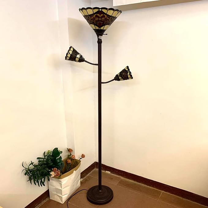 Bieye L10868 Tiffany Style Stained Glass 3-Light Torchiere Floor Lamp with Sidelights for Reading, 70-inches Tall (Baroque, Red) - LeafyLoom