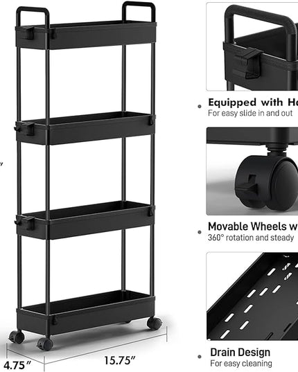 SOLEJAZZ Slim Storage Cart, 4 Tier Bathroom Organizer Mobile Shelving Unit, Rolling Utility Cart Slide Out Organizer for Kitchen, Bathroom, Laundry, Narrow Places, Black - LeafyLoom