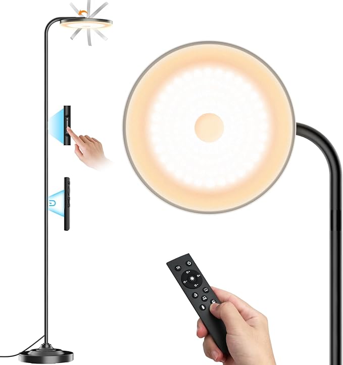 36W LED Floor Lamp, Super Bright Standing Lamp, Modern Stepless Dimmable Torchiere Tall Lamp with Remote Control, 350°Rotating Head Reading Floor Lamp for Living Room, Bedroom, Office - LeafyLoom
