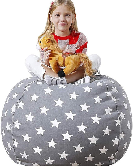 Aubliss Stuffed Animal Bean Bag Storage Chair, Beanbag Covers Only for Organizing Plush Toys, Turns into Bean Bag Seat for Kids When Filled, Medium 32"-Canvas Stars Grey - LeafyLoom