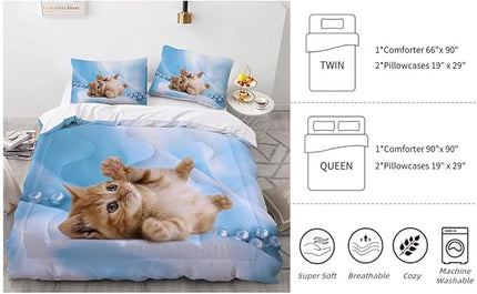 Cat Comforter Set Queen Size for Kids Blue Cat 3Pcs Bedding Set for boys and Girls (1Summer Comforter+ 2 Pillowcases) Lovely Animal Pets Duvet Set - LeafyLoom