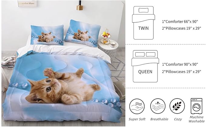 Cat Comforter Set Queen Size for Kids Blue Cat 3Pcs Bedding Set for boys and Girls (1Summer Comforter+ 2 Pillowcases) Lovely Animal Pets Duvet Set - LeafyLoom