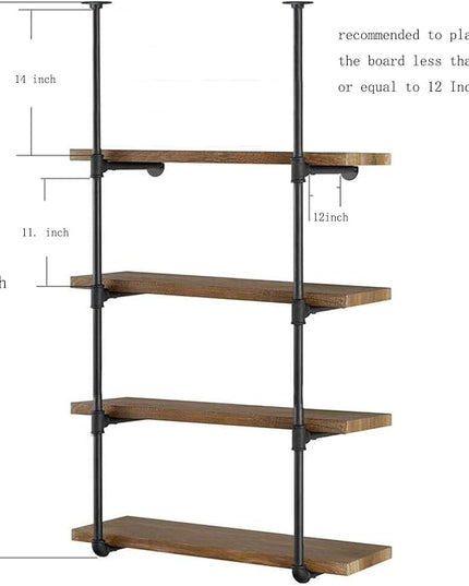 Yuanshikj 2Pc (56" tall 12" deep 3/4") Industrial Wall Mount iron Pipe Shelf Shelves Shelving Bracket Black Bookshelf Bookcase DIY Storage office Kitchen (4Tier Hardware only) - LeafyLoom