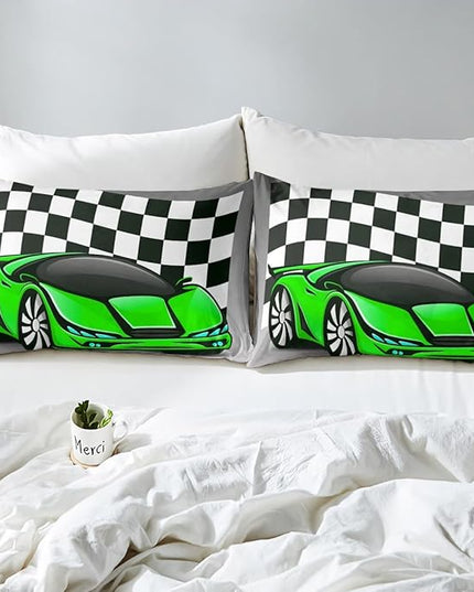 Erosebridal Kid Comforter Set King Size, Racing Car Bedding Set for Boys Girls Teen Kids Children Car Racing Gifts, Race Cars Quilt with 1 Comforter 2 Pillowcases,Green Grey Race Car Decor for Room - LeafyLoom