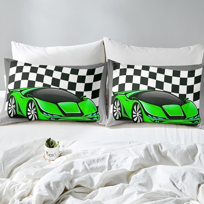 Racing Car Comforter Set, Cool Speed Race Car Down Comforter Full for Kids Boys Girls Teens Bedroom, Automobile Extreme Sport Bedding Set Plaid Checkered Duvet Sets with 2 Pillowcases, Grey Green - LeafyLoom
