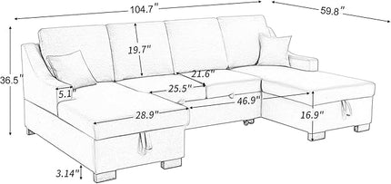 104.7" Upholstery Sleeper Sectional Sofa with Double Storage Chaise and 2 Tossing Cushions, U-Shaped Corner Couch w/Pulled Out Bed for Living Room, Apartment and Office, Grey, 104.7 Inch - LeafyLoom
