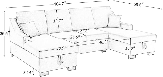 104.7" Upholstery Sleeper Sectional Sofa with Double Storage Chaise and 2 Tossing Cushions, U-Shaped Corner Couch w/Pulled Out Bed for Living Room, Apartment and Office, Grey, 104.7 Inch - LeafyLoom