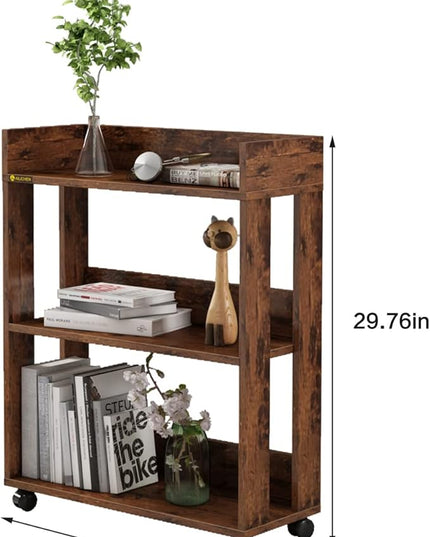 3 Tier Nightstand with Wheels, Wood Small Bookshelf and Bookcase, Farmhouse Bedside End Table with Storage Rack for Bedroom, Library, Living Room, Home, Office Cart, Rustic - LeafyLoom