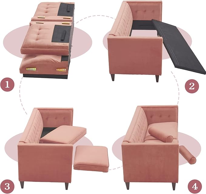 Dreamsir 78'' W Velvet Sofa, Mid-Century Love Seats Sofa Furniture with Bolster Pillows, Button Tufted Couch for Living Room, Tool-Free Assembly (Sofa, Pink) - LeafyLoom