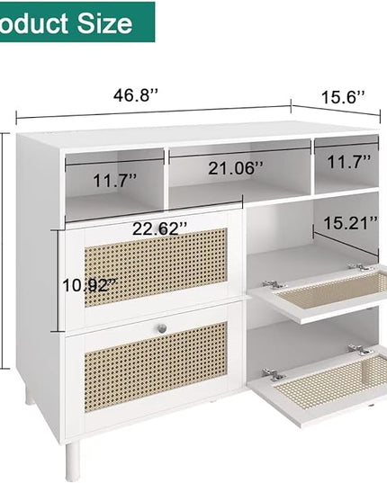 Sideboard Buffet Cabinet, Kitchen Storage Cabinet with Power Outlet & Led Lights, Accent Cabinet with 4 Rattan Doors, White - LeafyLoom