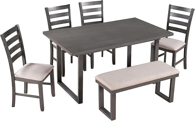 6 Pieces Simple Style Solid Wood Dining Room Set with Rectangular Table, 4 Upholstered Chairs and Bench, Stable Frame and a Long Lifespan, Family Furniture for Kitchen, Livingroom, Brown+Beige - LeafyLoom