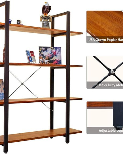CONSDAN Industrial Bookshelf, USA Grown Hardwood, Real Wood Bookshelves, Modern Open Rustic Bookcase, Storage Shelf, Display Shelf, Poplar Solid Wood-4 Tier Shelf - LeafyLoom