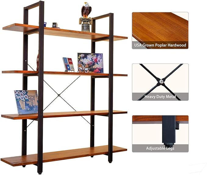 CONSDAN Industrial Bookshelf, USA Grown Hardwood, Real Wood Bookshelves, Modern Open Rustic Bookcase, Storage Shelf, Display Shelf, Poplar Solid Wood-4 Tier Shelf - LeafyLoom