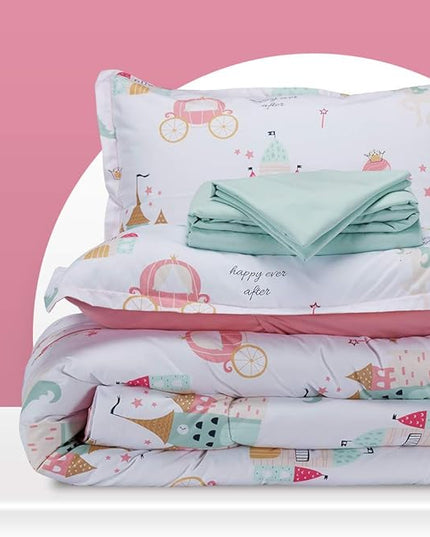 SLEEP ZONE Kids Twin Bedding Comforter Set - Super Cute & Soft Kids Bedding 5 Pieces Set with Comforter, Sheet, Pillowcase & Sham (Princess Castle) - LeafyLoom