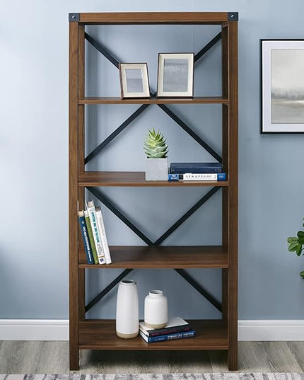 Walker Edison 4 shelves Andersen Urban Industrial Metal X Back Bookshelf, 64 Inch, Dark Walnut - LeafyLoom