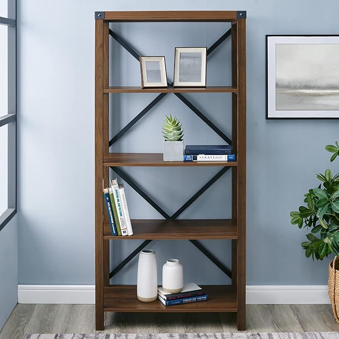 Walker Edison 4 shelves Andersen Urban Industrial Metal X Back Bookshelf, 64 Inch, Dark Walnut - LeafyLoom