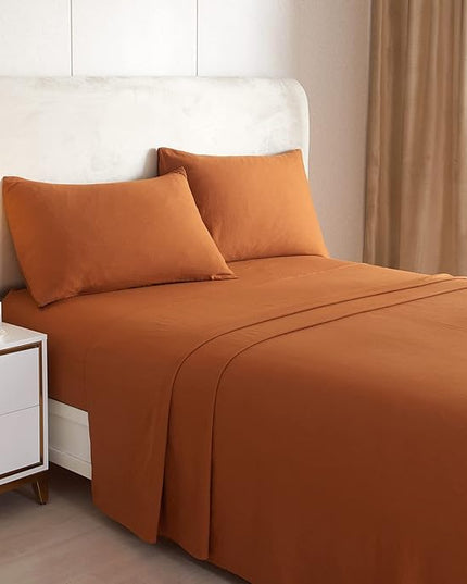 Caramel Pumpkin Sheets for Queen Size Bed,4 Piece Cooling Sheets Queen Deep Pocket up to 16 Inch,Solid Rust Bedding Sheets & Pillowcases Set,Wrinkle,Fade,Stain Resistant - 4 Piece(Queen,Pumpkin) - LeafyLoom