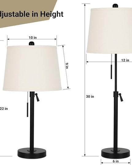 Bedside Table Lamps Set of 2: Tall Black Table Lamps for Living Room End Table | Height Adjustable 3-Way Dimmable Nightstand Lamp with Pull Chain Switch Modern Lamps for Bedroom Office(Bulbs Included) - LeafyLoom