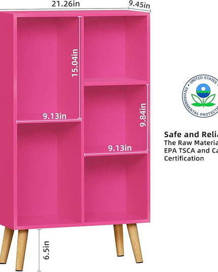 LEYAOYAO 5 Cube Bookshelf, 3-Tier Bookcase with Legs, Pink Kids Book Shelf Cute Storage Organizer, Free standing Open Toy Shelves Modern Bookshelves,Wood Display Bookcases for Bedroom,Living Room - LeafyLoom