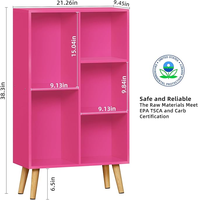 LEYAOYAO 5 Cube Bookshelf, 3-Tier Bookcase with Legs, Pink Kids Book Shelf Cute Storage Organizer, Free standing Open Toy Shelves Modern Bookshelves,Wood Display Bookcases for Bedroom,Living Room - LeafyLoom