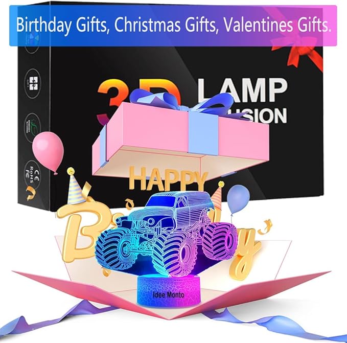 3D LED Lamp for Kids Room Night Lights for Kids Monster Trucks for Boys, with Smart Touch 7 Colors Changing Dimmable Monster Truck Light, for 1 2 3 4 5 6 7 8 Year Old Boy/Girl Birthday Xmas Gifts - LeafyLoom