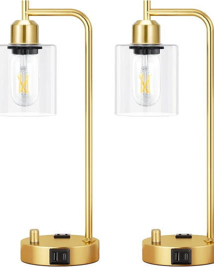 Industrial Table Lamps for Bedroom Set of 2 - Fully Dimmable Bedside Lamps with USB Ports and Outlet, Gold Nightstand Lamps with Clear Glass Shade for Living Room, Desk Lamps for Office Reading - LeafyLoom