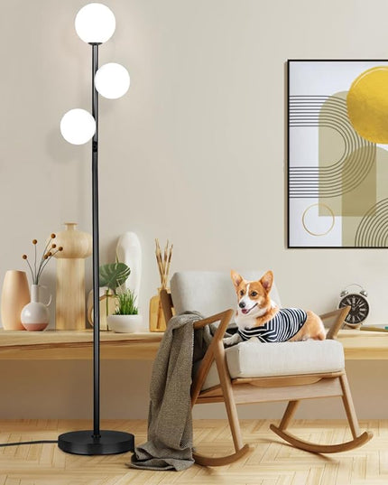 3 Globe Mid Century Modern Floor Lamp for Living Room Decor, Tall Standing Dimmable LED Light for Bedroom Office, Full Range Dimming, Adjustable Color Temperature 3000K-6000K, ETL Listed - Matte Black - LeafyLoom
