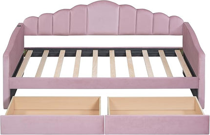 Twin Size Upholstered Daybed with 2 Drawers and Striped Headboard, Solid Wood Velvet Bed with USB Charging Ports, No Box Spring Needed, for Living Room, Bedroom, Dorm, Space-Saving Design - LeafyLoom