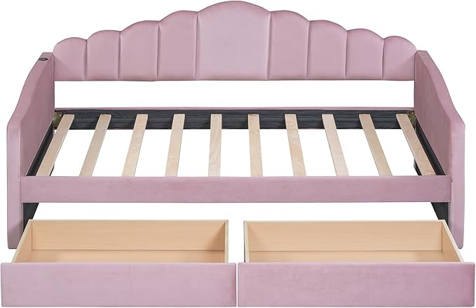 Twin Size Upholstered Daybed with 2 Drawers and Striped Headboard, Solid Wood Velvet Bed with USB Charging Ports, No Box Spring Needed, for Living Room, Bedroom, Dorm, Space-Saving Design - LeafyLoom