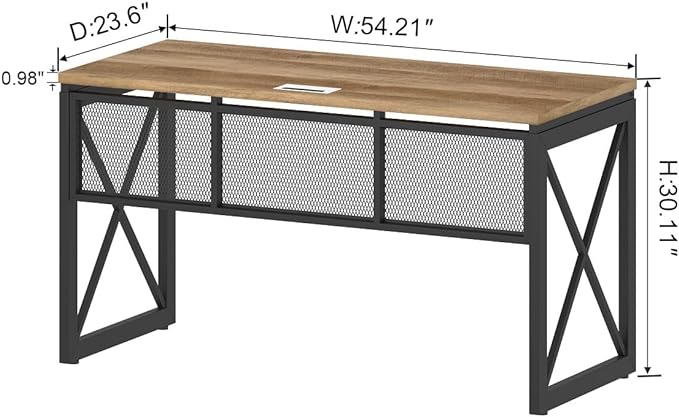 BON AUGURE Farmhouse Computer Desk, Modern Industrial Home Office Desk, Wood Metal Study Writing Table, Sturdy Gaming Desk (Vintage Oak, 54 Inch) - LeafyLoom