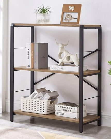 FOLUBAN Small Bookshelf, 3 Tier Open Book Shelf, Rustic Wood and Metal Shelving Unit for Small Space, Oak - LeafyLoom