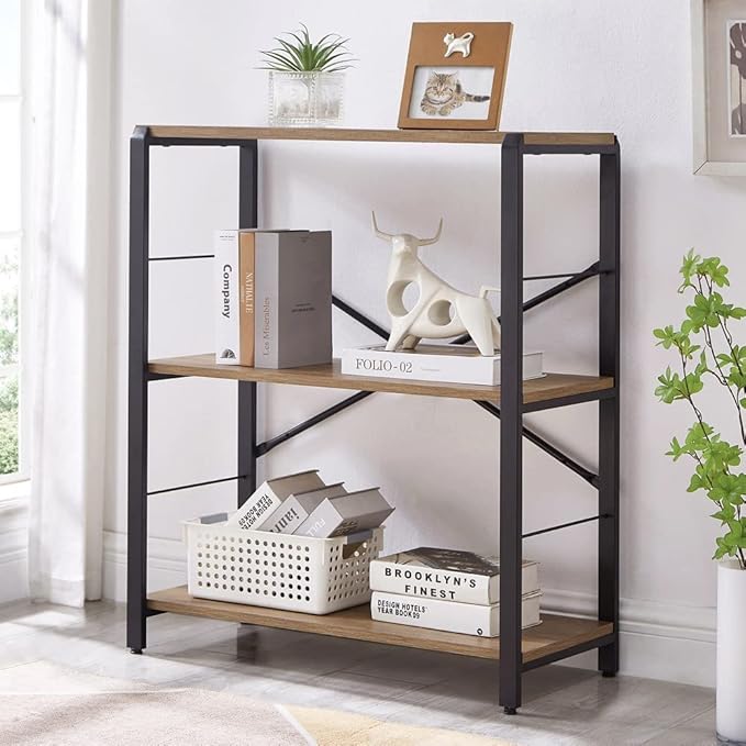 FOLUBAN Small Bookshelf, 3 Tier Open Book Shelf, Rustic Wood and Metal Shelving Unit for Small Space, Oak - LeafyLoom