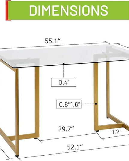 FurnitureR 55" Modern Rectangular Dining Table with Spacious Tempered Glass Tabletop & Gold Base Elegant for Home Kitchen Restaurant, Gold - LeafyLoom