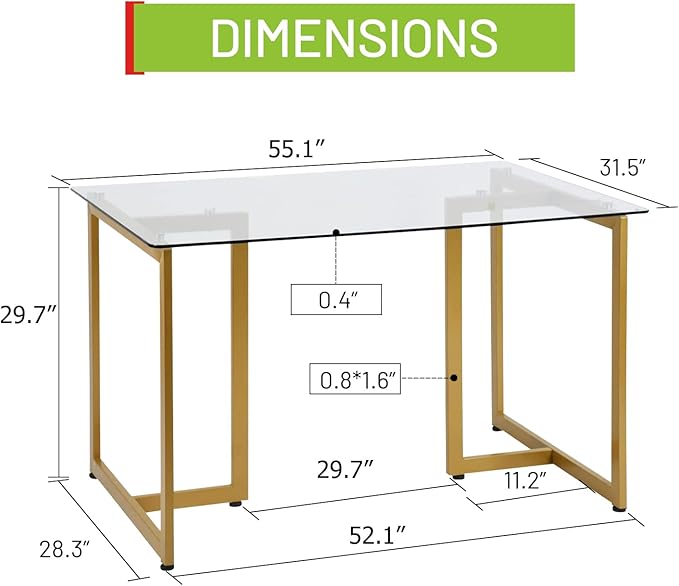 FurnitureR 55" Modern Rectangular Dining Table with Spacious Tempered Glass Tabletop & Gold Base Elegant for Home Kitchen Restaurant, Gold - LeafyLoom