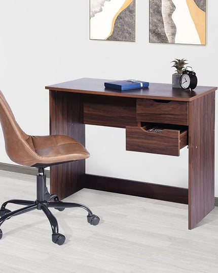 Home Office Computer Desk, 35.4" Small Study Writing Table, with Storage Drawers, Modern Teen Student Adult PC Table Desk, Walnut - LeafyLoom