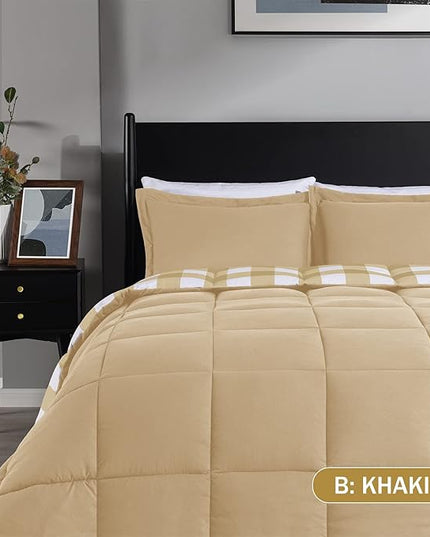 downluxe Lightweight Plaid Comforter Set (King) with 2 Pillow Sham - 3-Piece Set - Khaki/White Plaid - Down Alternative Reversible Comforter - LeafyLoom