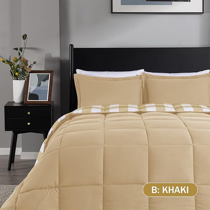downluxe Lightweight Plaid Comforter Set (King) with 2 Pillow Sham - 3-Piece Set - Khaki/White Plaid - Down Alternative Reversible Comforter - LeafyLoom