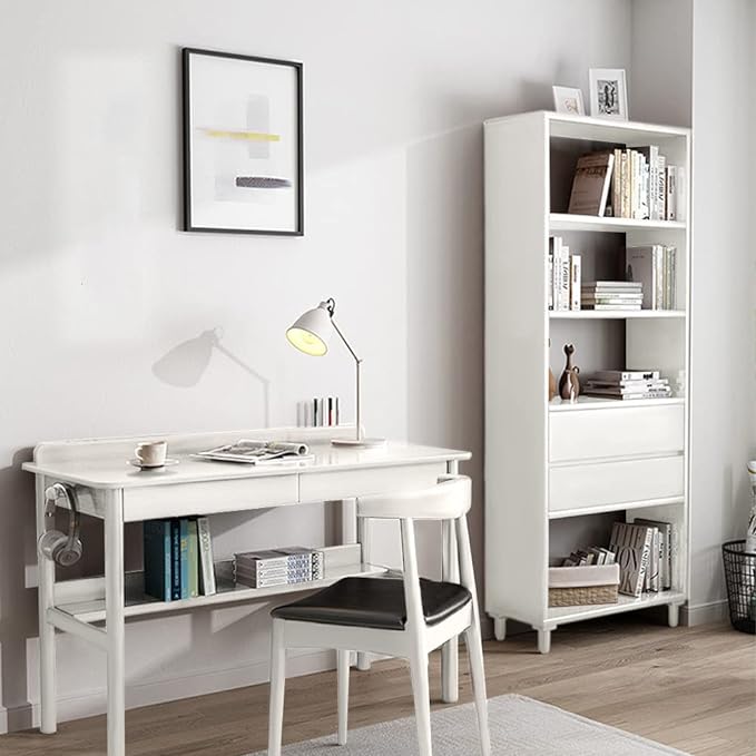IOTXY Floorstanding Wooden Bookcase with Legs - 67" Tall Open Shelves Cube Billy Bookshelf with Drawers for Home and Office, White - LeafyLoom